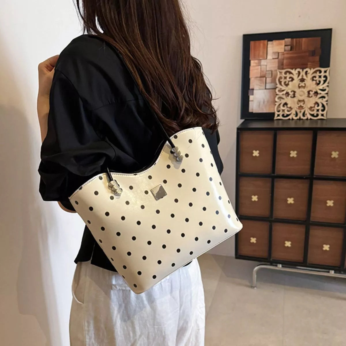 Polka Dot Shoulder Bag - White - View 1