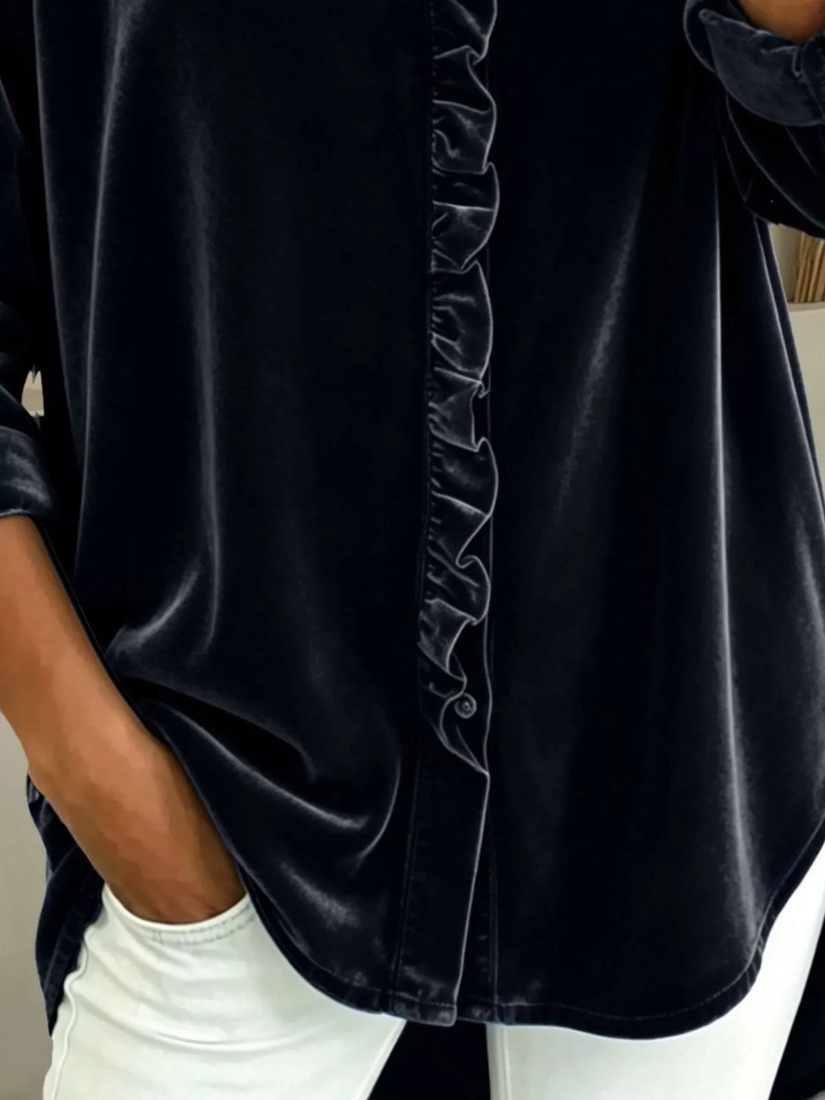 Velvet Frill V-Neck Blouse - Black - View 3