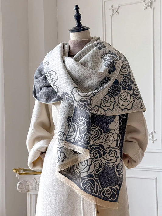 Rose Pattern Warm Scarf - Gray - View 1