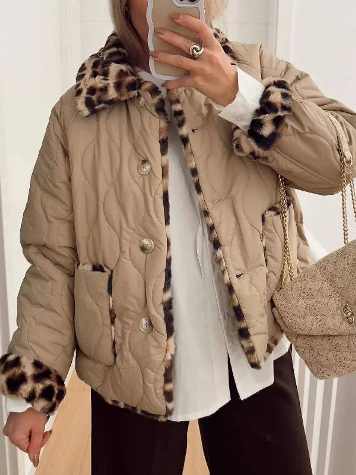 Leopard Faux Fur Trim Quilted Jacket - Khaki - View 1