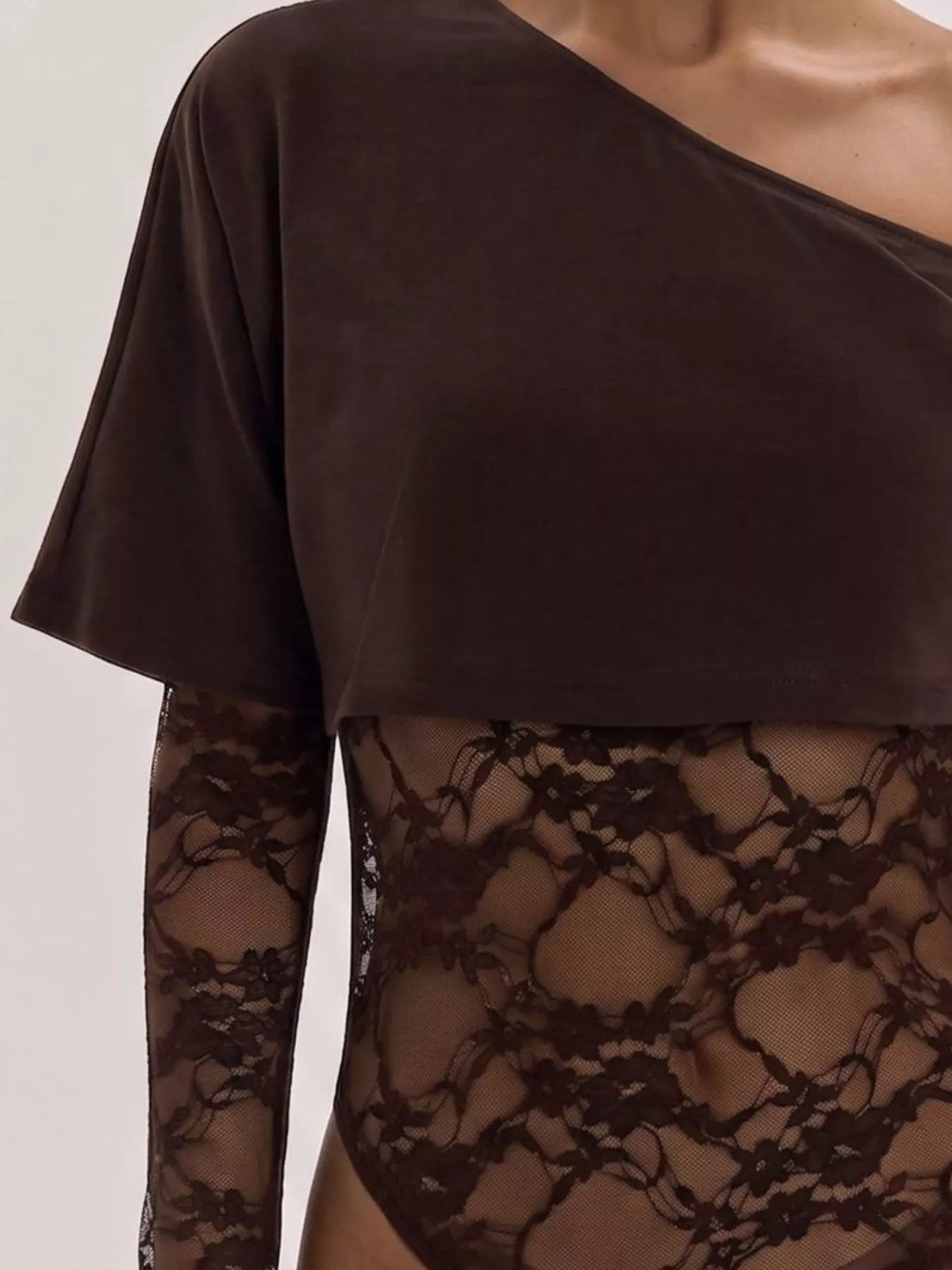 One-Shoulder Lace Bodysuit - Brown - View 2