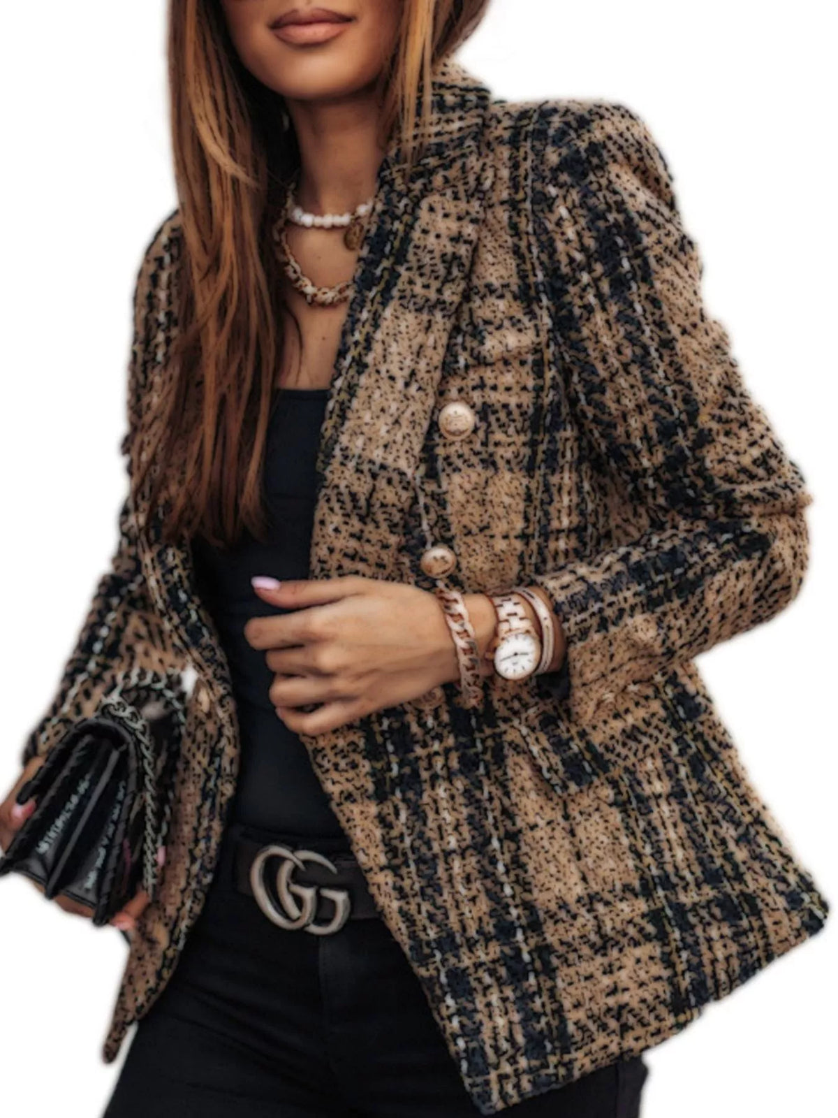 Full Size Plaid Tweed Double-Breasted Blazer Plus Size - Camel - View 3
