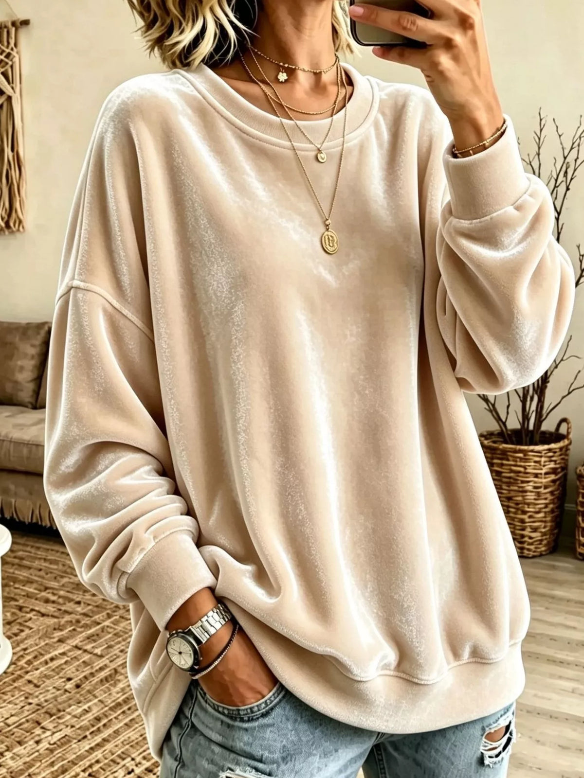 Full Size Solid Color Crew Neck Sweatshirt Plus Size - Apricot - View 11