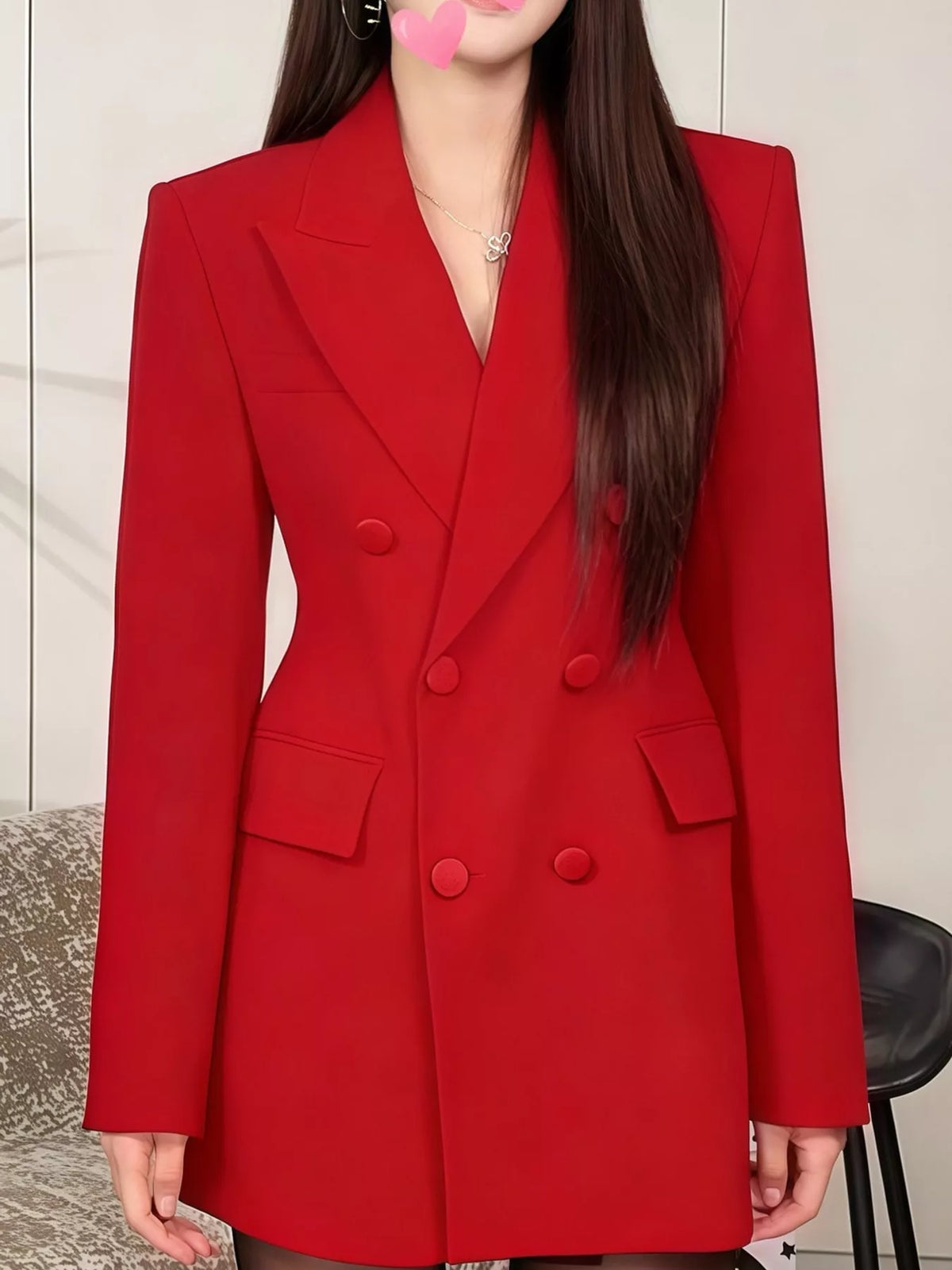 Full Size Double-Breasted Slim-Fit Blazer Plus Size - Red - View 14