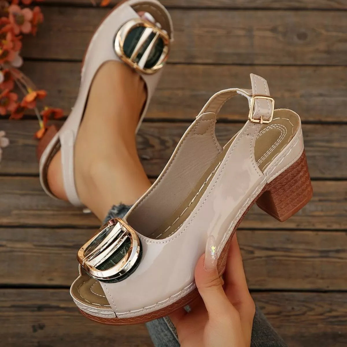 Peep Toe Block Heels Sandals - Beige - View 10