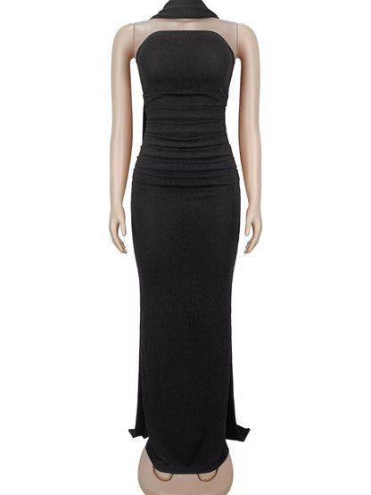 Slit Glitter Tube Maxi Dress with Scarf - Black - View 7