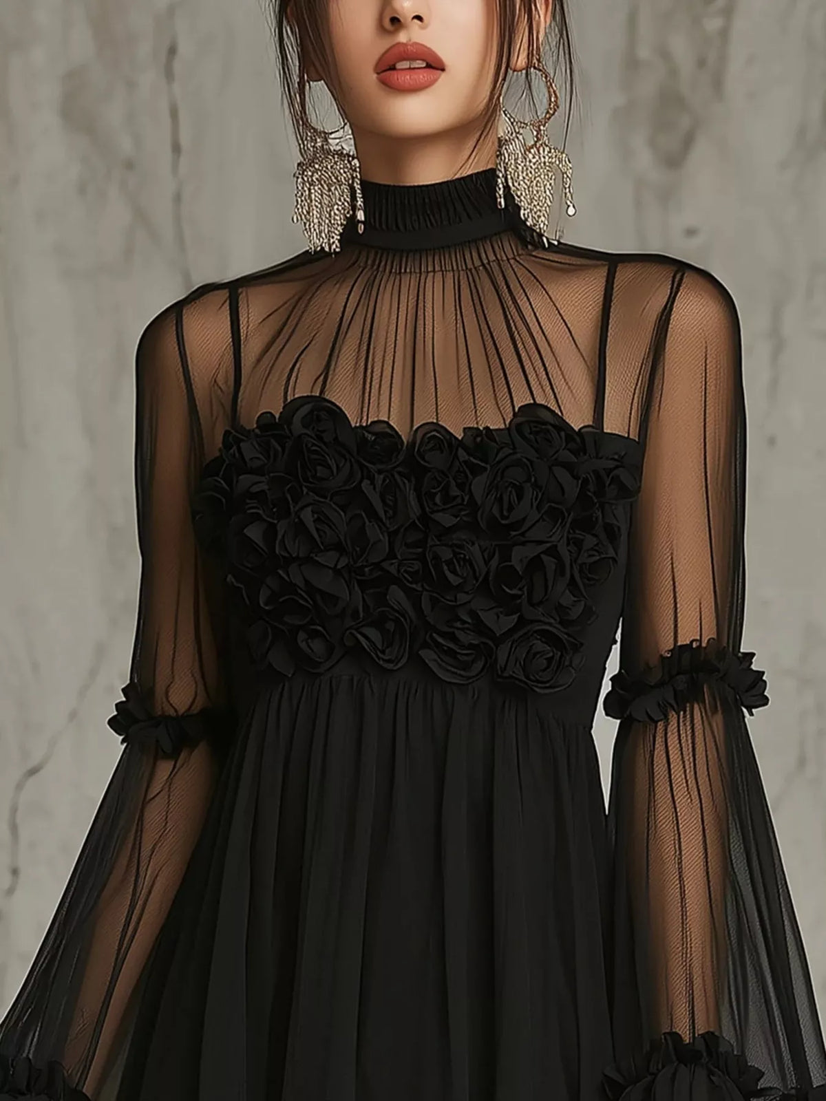 Sheer Mesh Flare Sleeve Mini Dress - Black - View 4