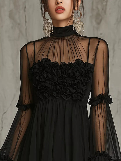 Sheer Mesh Flare Sleeve Mini Dress - Black - View 4