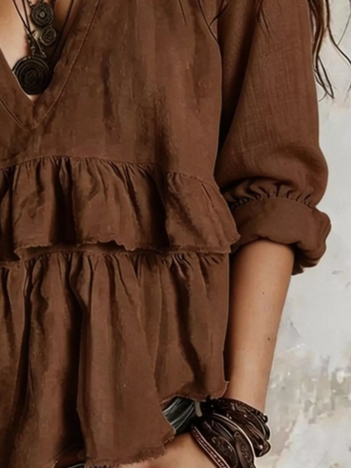 Full Size Ruffled Hem V-Neck Blouse Plus Size - Brown - View 2