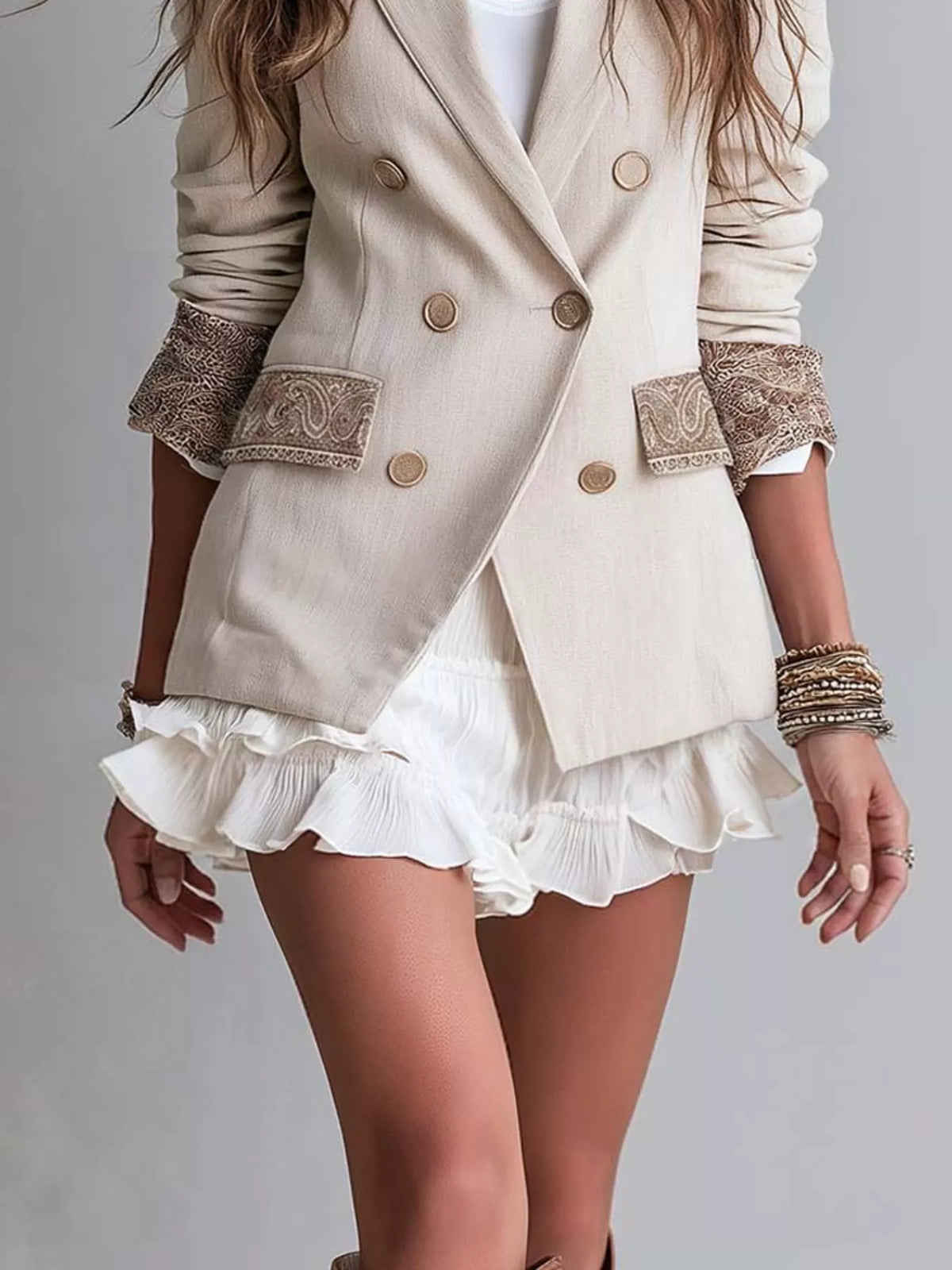 Double-Breasted Lapel Collar Blazer - Cream - View 3