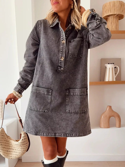 Button Front Denim Shirt Dress - Black - View 1