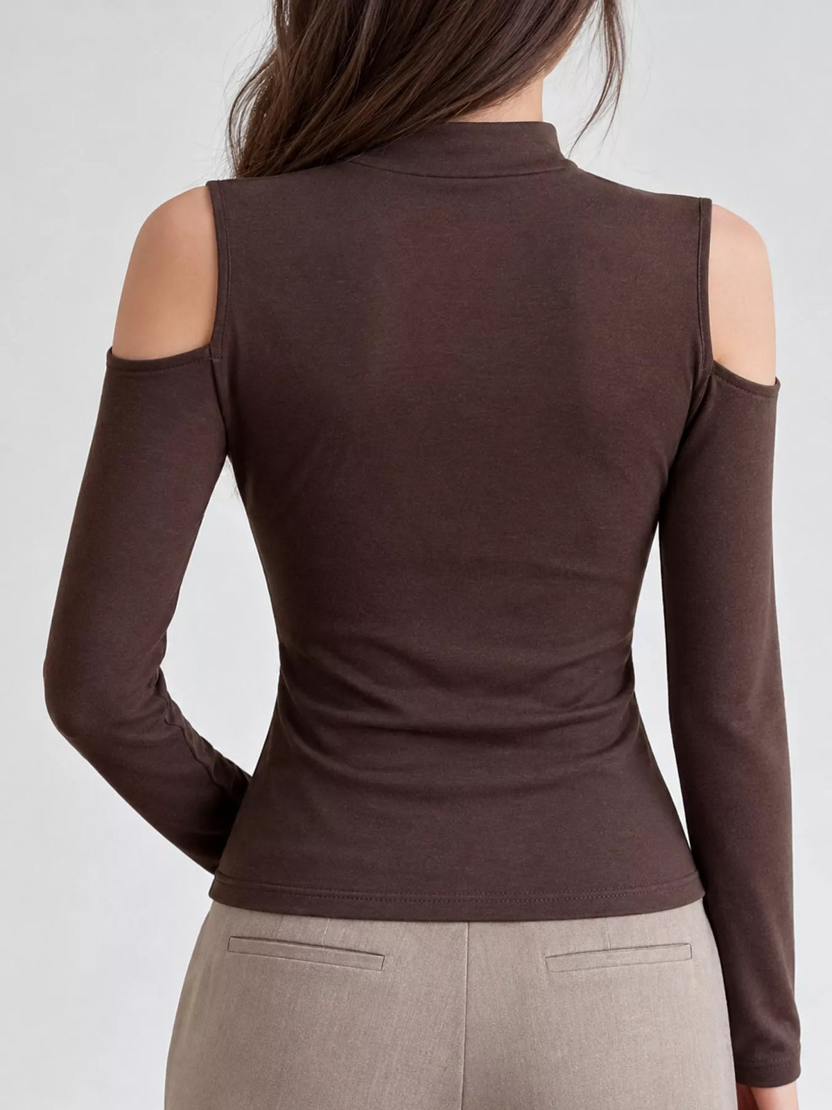 Mock Neck Cold-Shoulder Slim-Fit T-Shirt - Coffee - View 15