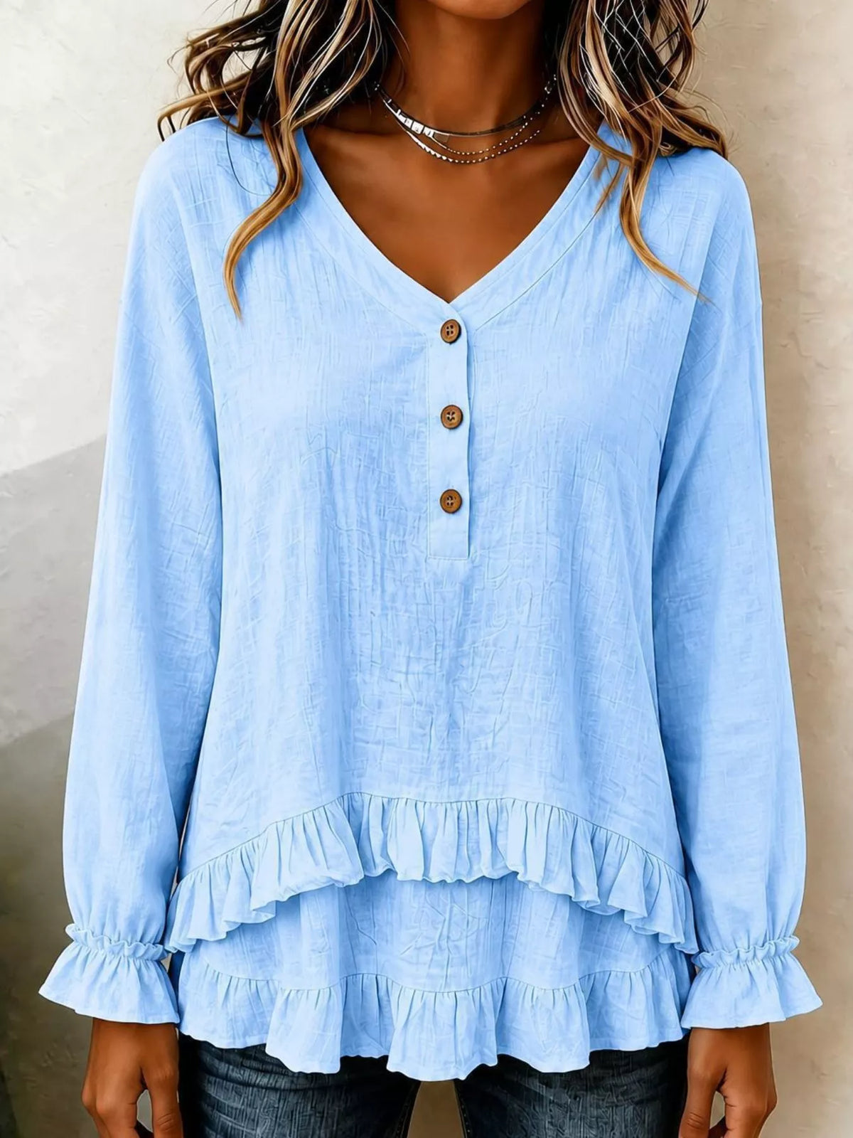 V-Neck Long Sleeve Button Detail Ruffled Hem Blouse - Sky Blue - View 1