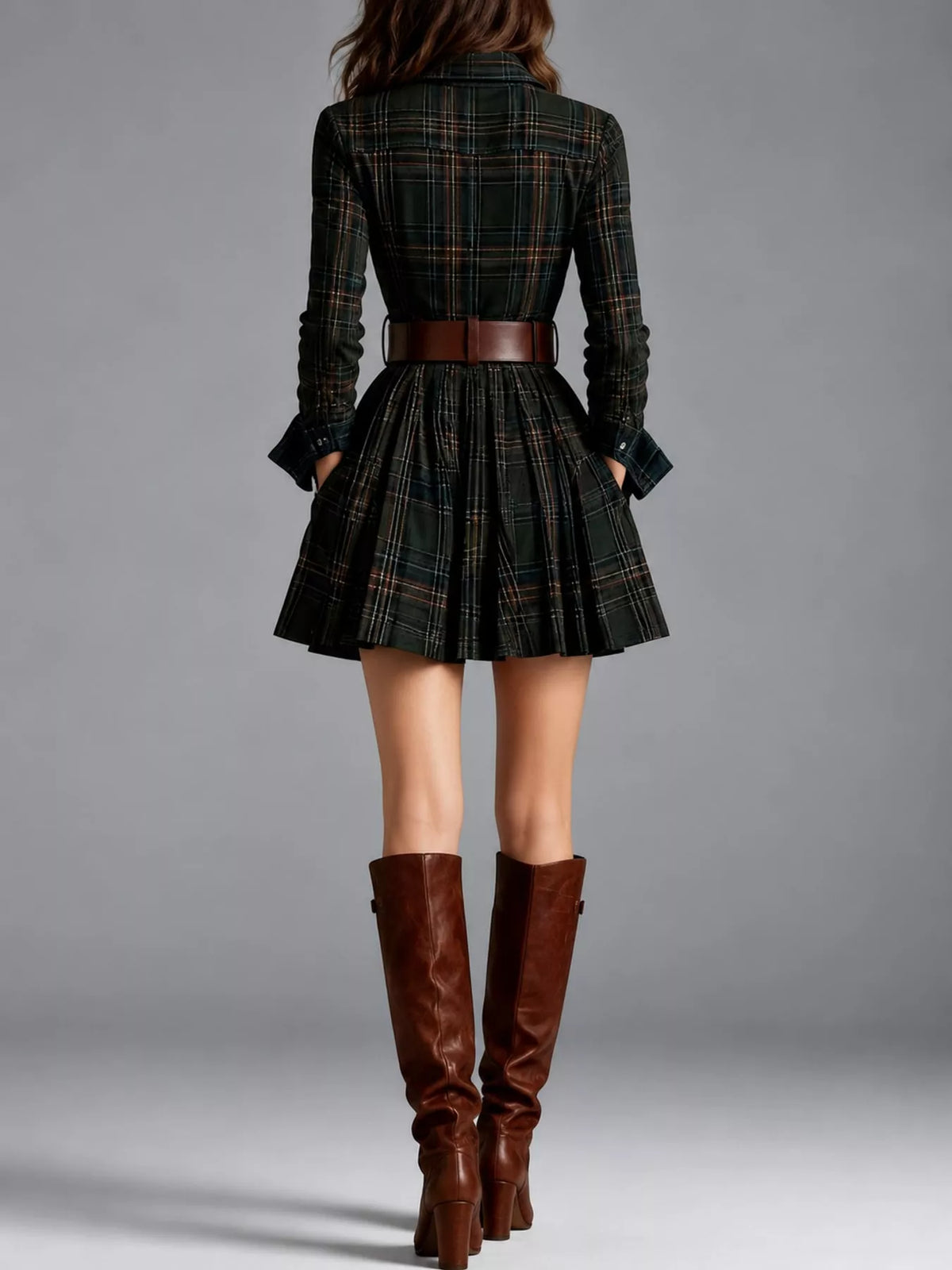 Plaid Long-Sleeve Shirt Dress - Dark Green (with Belt) - View 12
