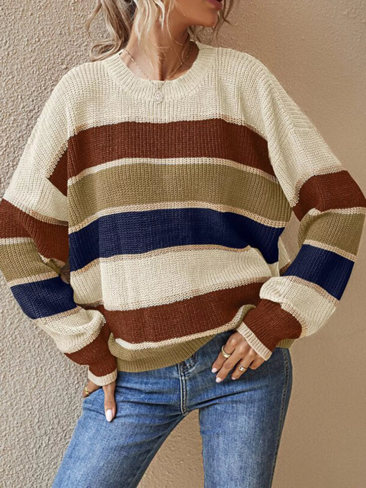 Color Block Striped Crew Neck Sweater - Apricot - View 1
