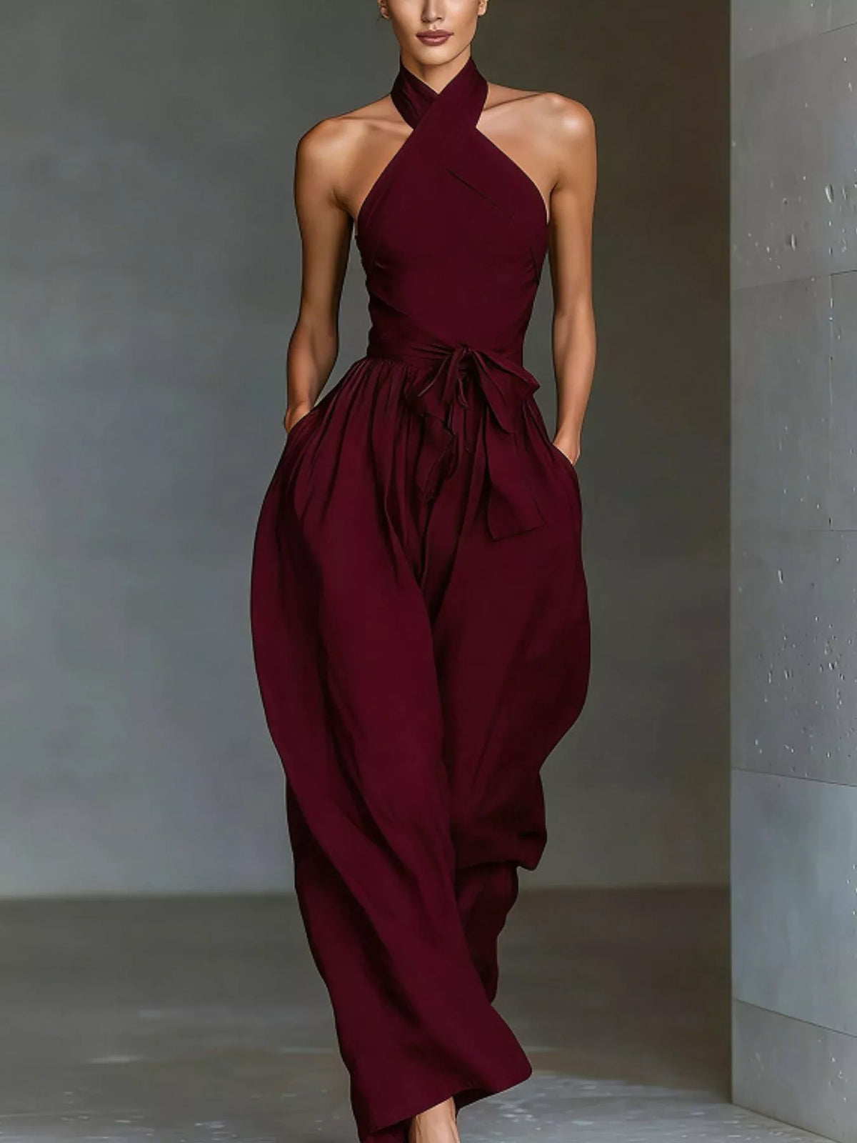 Halter Neck Wide-Leg Jumpsuit with Waist-Tie Detail - Wine Red - View 1