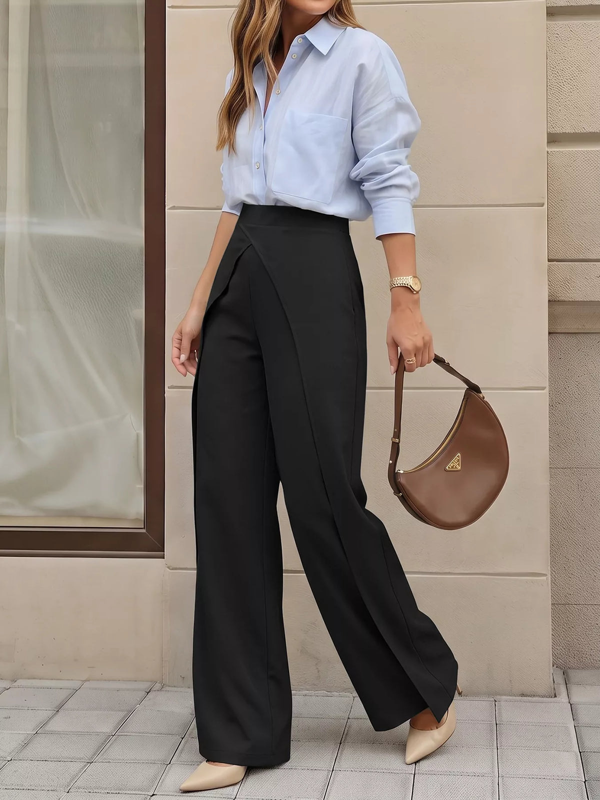Wide-Leg Pants with Overlap Front Detail - Black - View 3