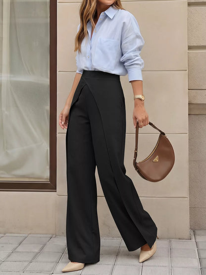 Wide-Leg Pants with Overlap Front Detail - Black - View 3
