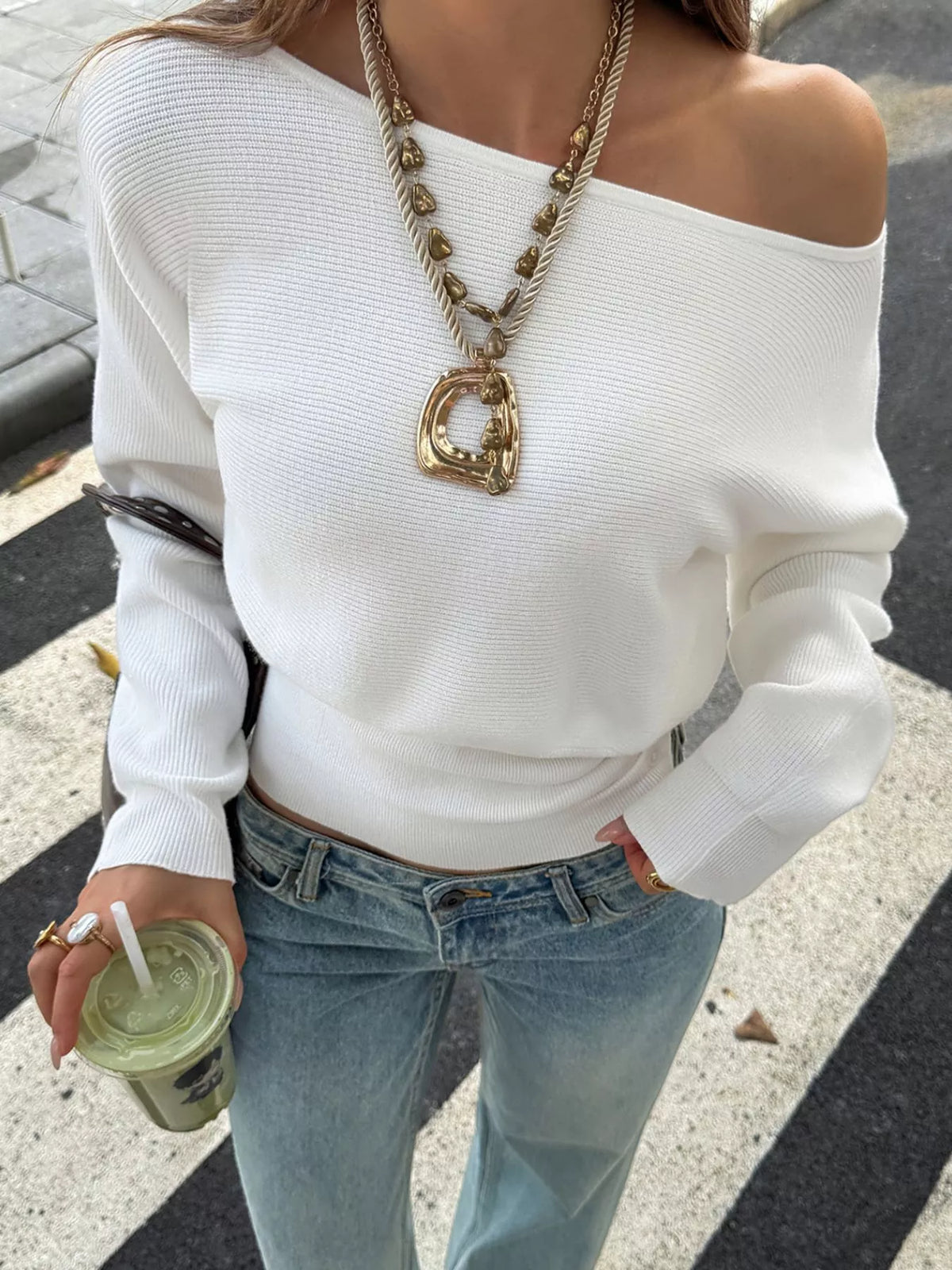 One Shoulder Ribbed Knit Top - White - View 3