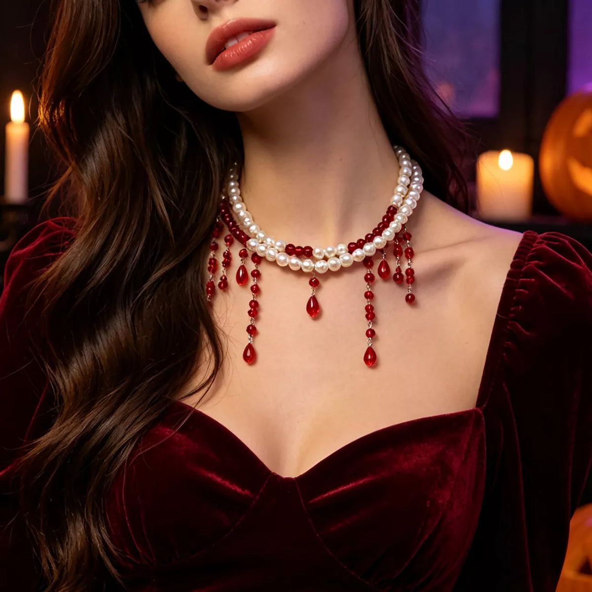 Halloween Pearl Double Layered Choker Necklace - Burgundy - View 2