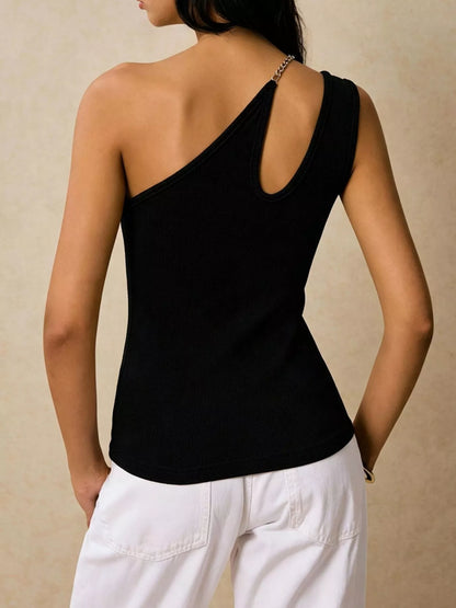 Cutout Asymmetrical Chain Strap Ribbed Tank - Black - View 5