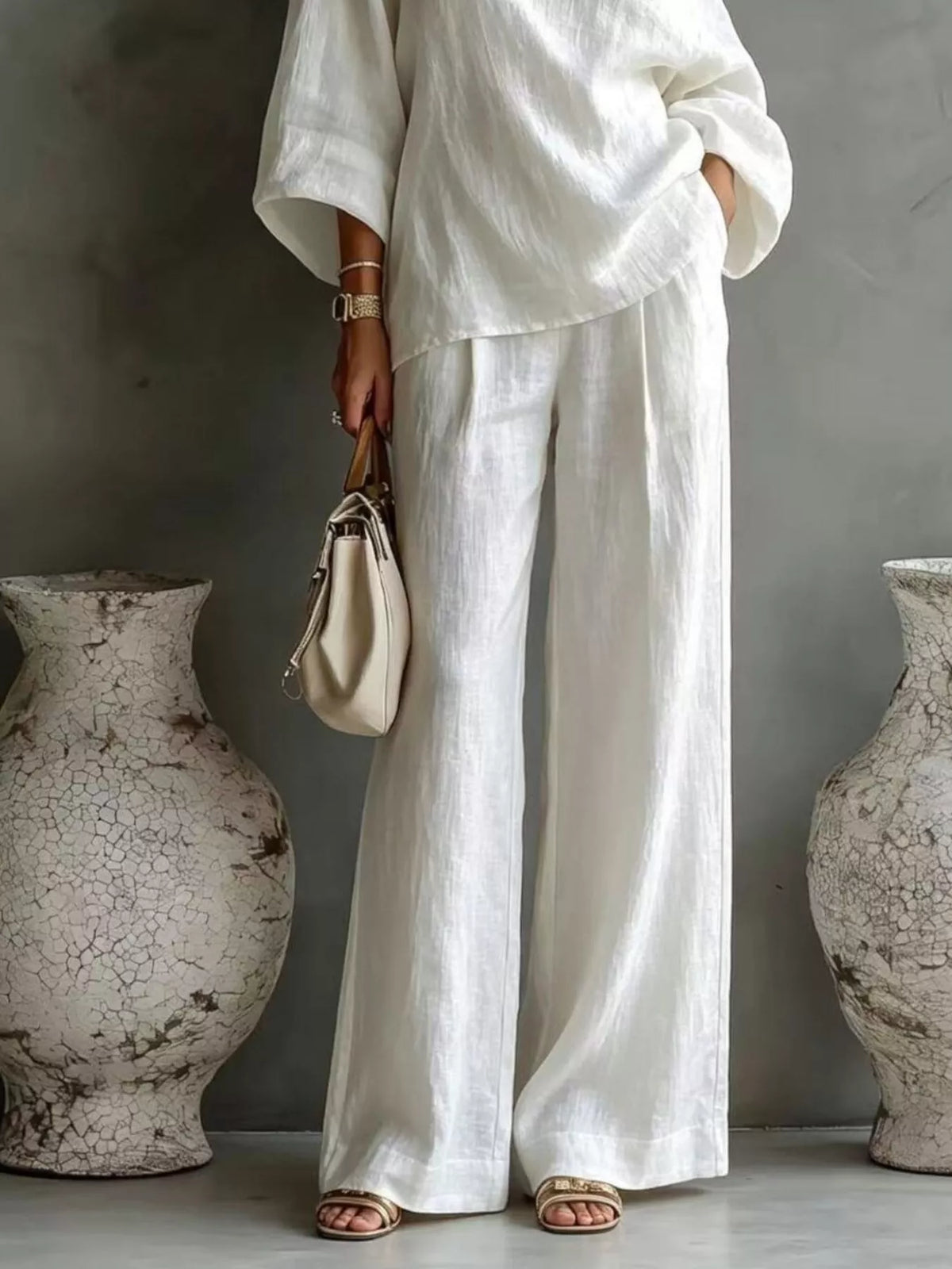 One Shoulder Top and Wide Leg Pants Set - White - View 3