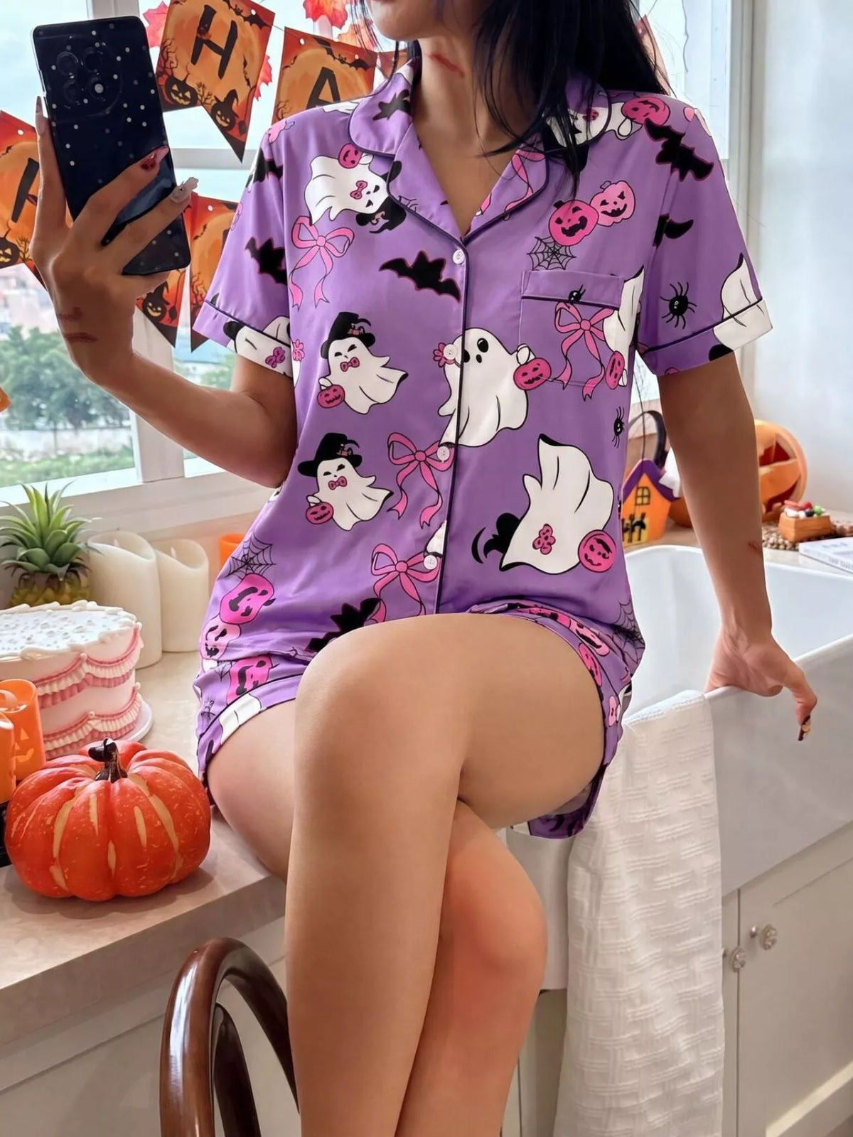Halloween Ghost Print Button-Down Top and Shorts Lounge Set - Purple - View 3