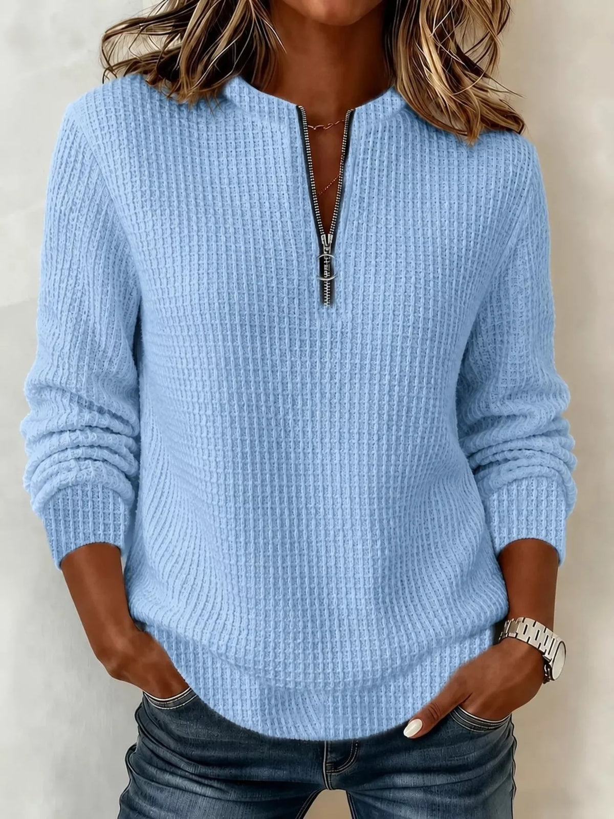 Full Size Quarter-Zip Textured Sweatshirt Plus Size - Blue - View 5