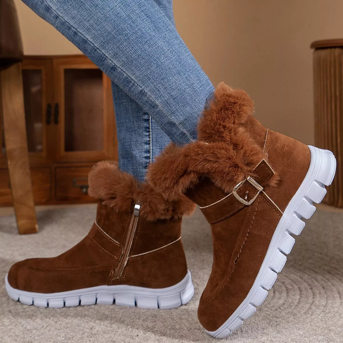 Fuzzy Trim Buckle Boots - Dark Brown - View 1