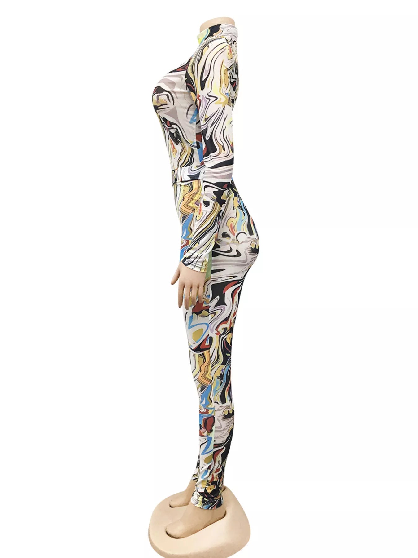 Abstract Swirl Print Top and Pants Set - Camel - Full Set Side View
