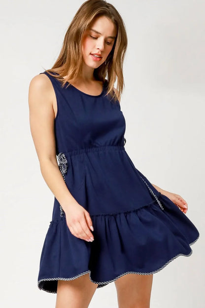 Umgee Frill Drawstring Waist Round Neck Mini Tank Dress - Dark Navy - View 2