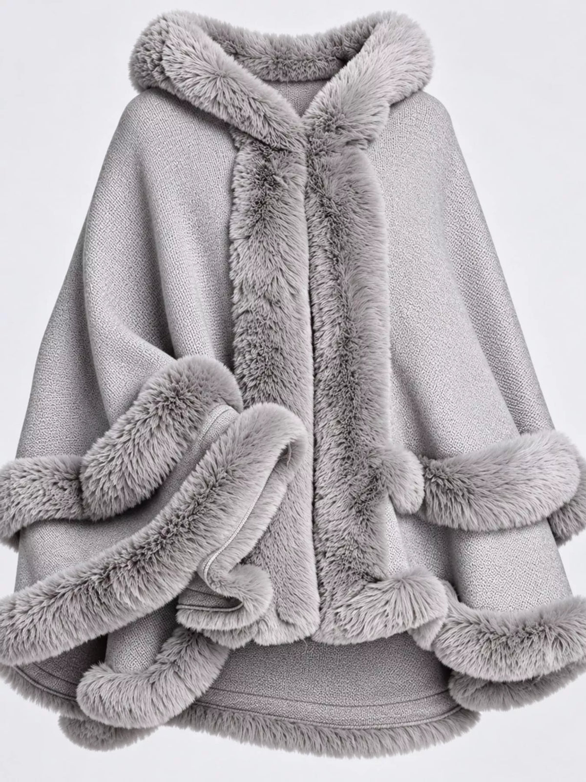 Faux Fur Trimmed Hooded Cape - Light Gray - View 53