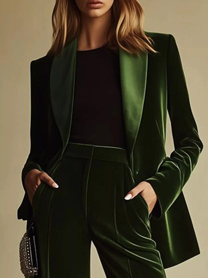 Velvet Blazer and Wide-Leg Pants Set - Green - View 1