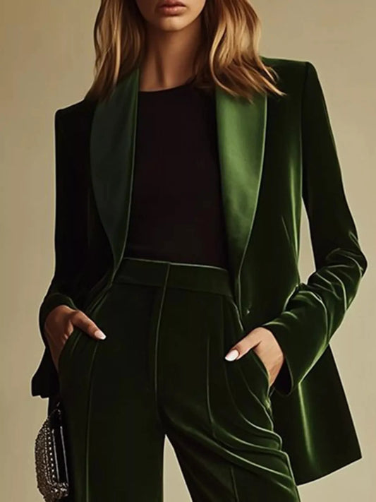 Velvet Blazer and Wide-Leg Pants Set - Green - View 1