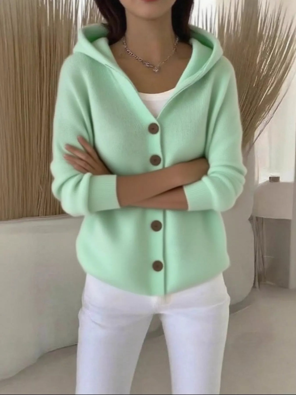 Full Size Hooded Button-Down Knit Cardigan Plus Size - Gum Leaf - View 2