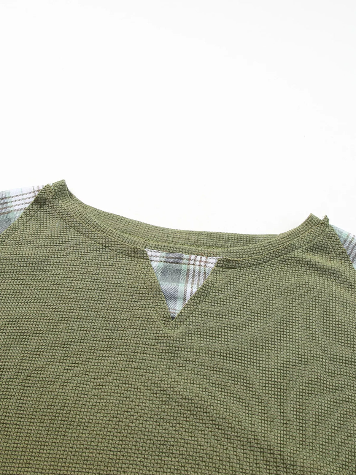 Plaid Patch Waffle Knit Exposed Seam Bubble Sleeve Top - Moss - View 7
