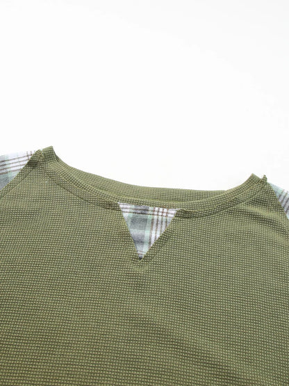 Plaid Patch Waffle Knit Exposed Seam Bubble Sleeve Top - Moss - View 7