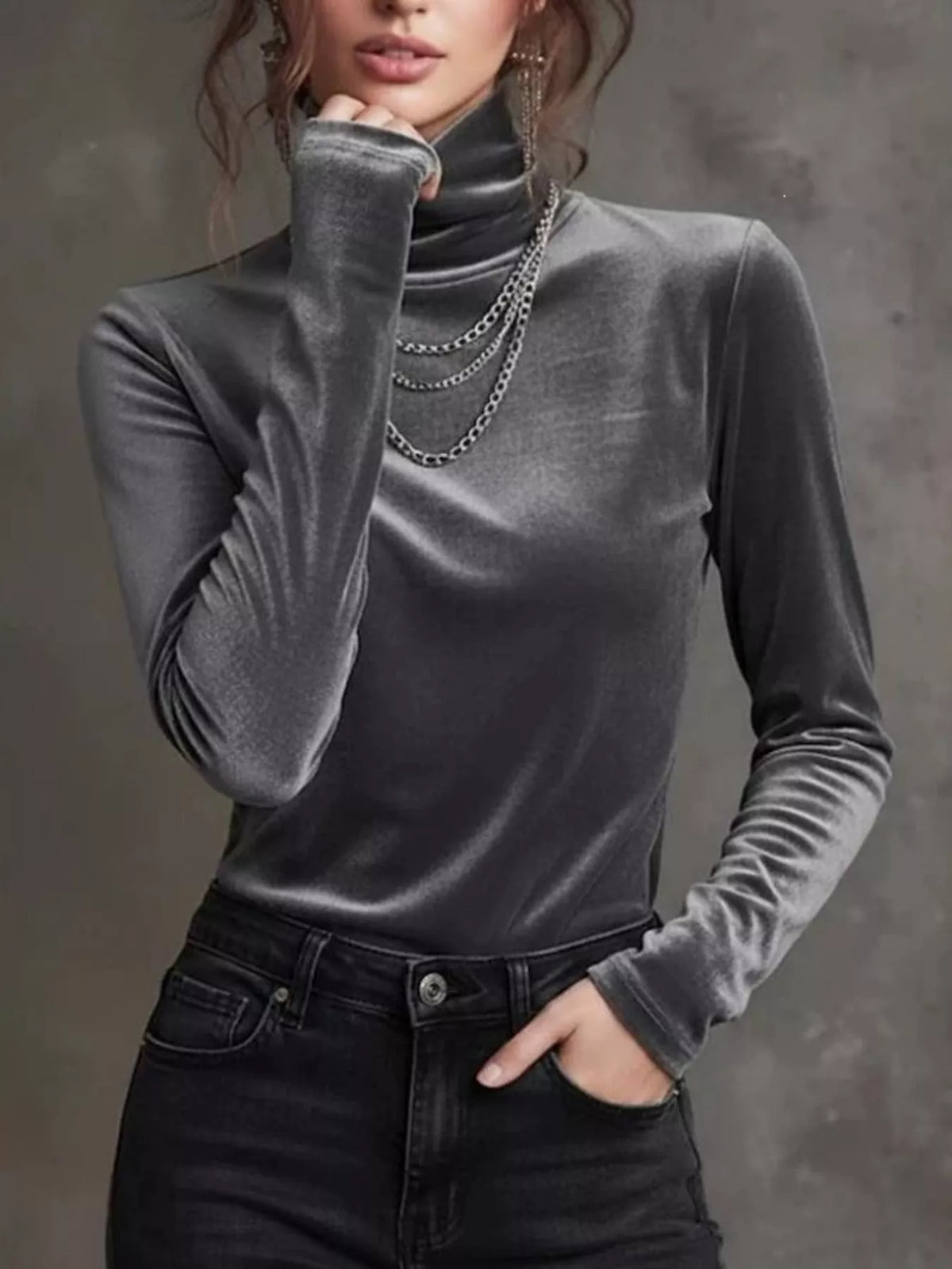 Full Size Velvet Turtleneck Long Sleeve T-Shirt Plus Size - Gray - View 1