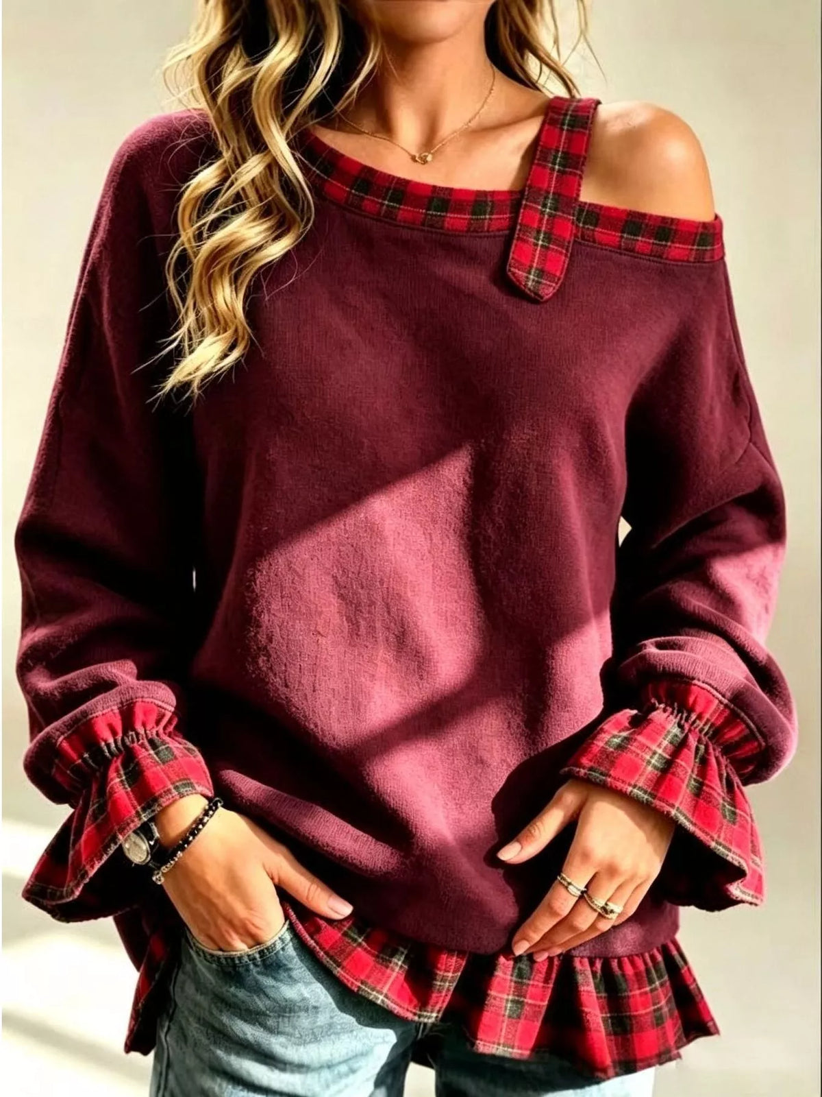 Full Size Cold-Shoulder Plaid Patchwork Long Sleeve Top Plus Size - Burgundy - View 1