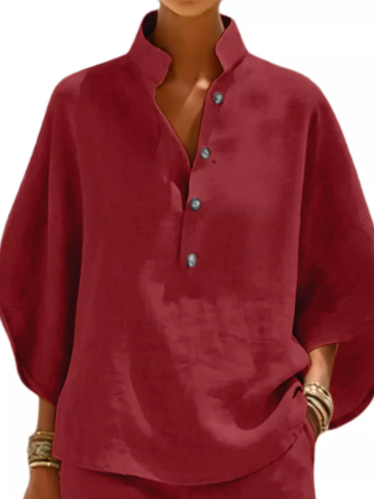 Full Size Button Detail Loose Fit Top and Shorts Set Plus Size - Burgundy - View 2