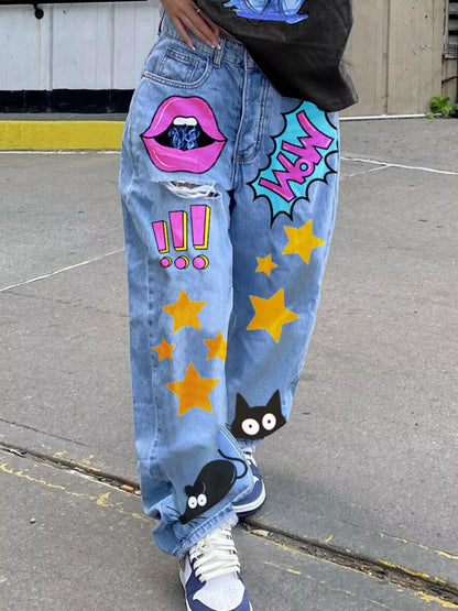 Full Size Pop Art Print Loose Fit Jeans Plus Size - Light Blue - View 1