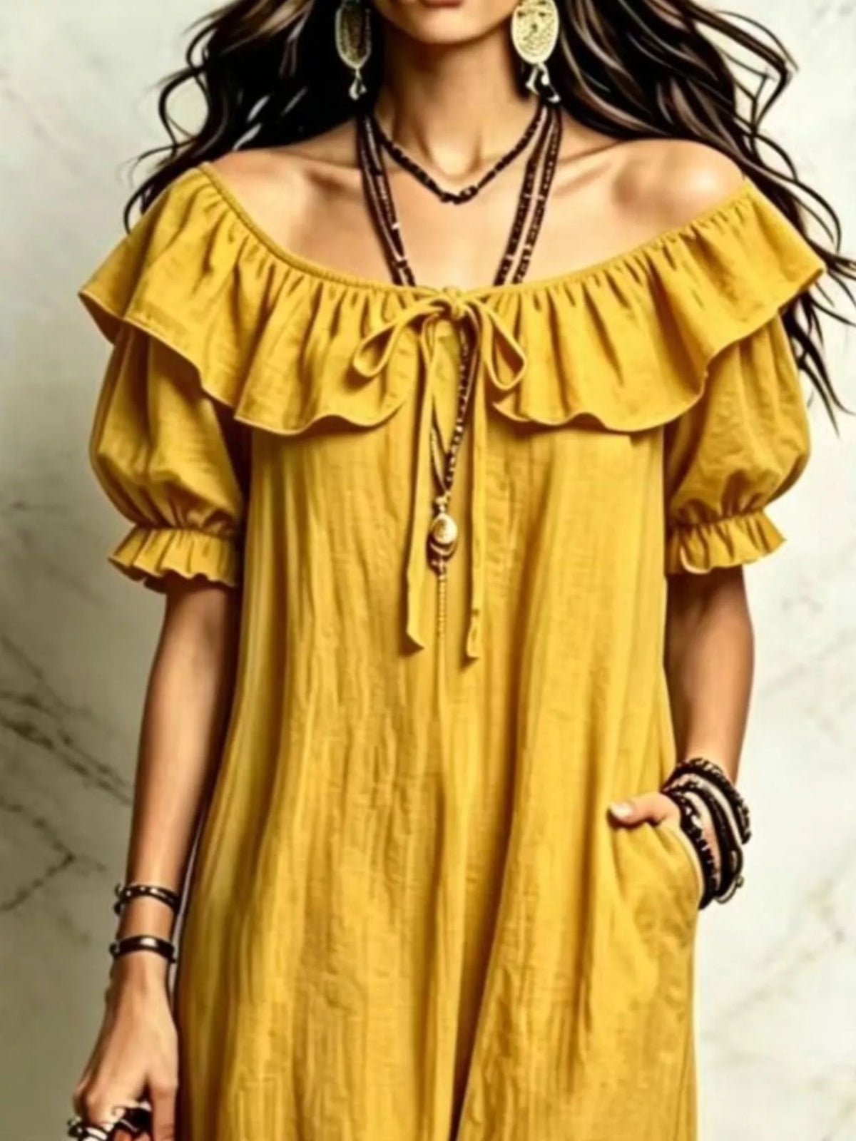 Ruffle Trim Puff Sleeve Maxi Dress - Mustard - View 2