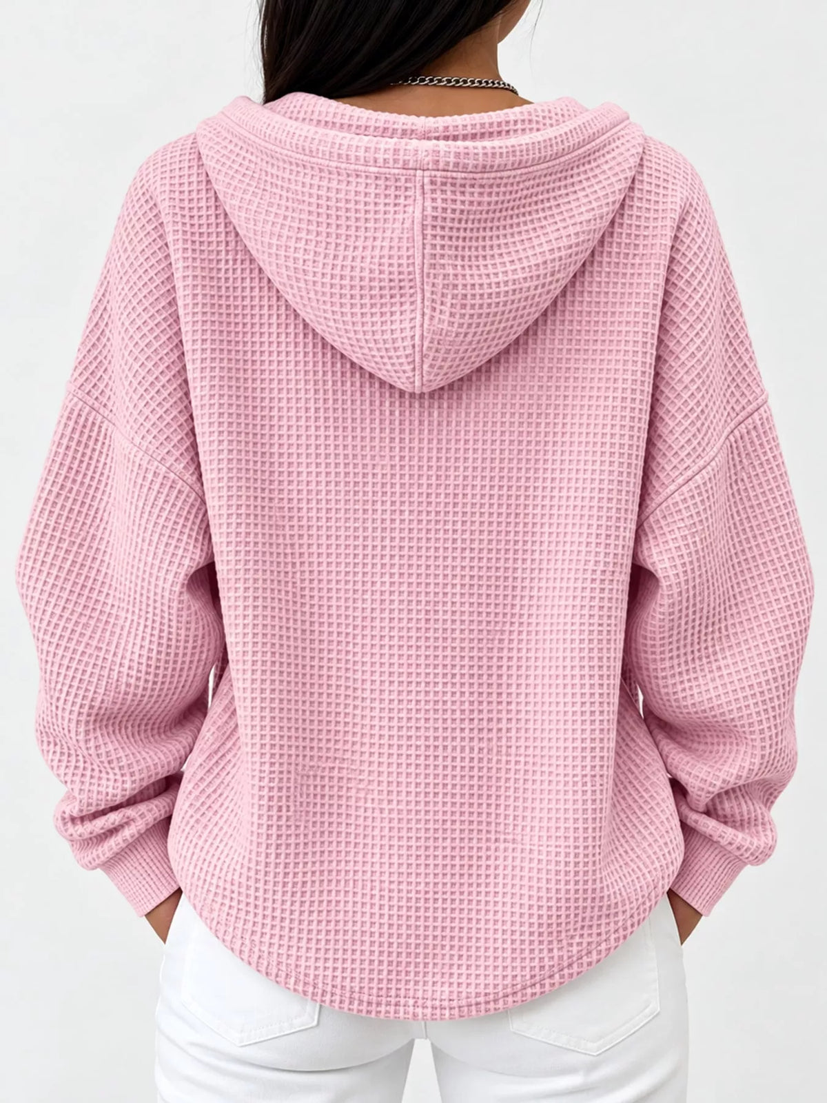 Full Size Waffle Knit Button Detail Hoodie Plus Size - Pink - View 17