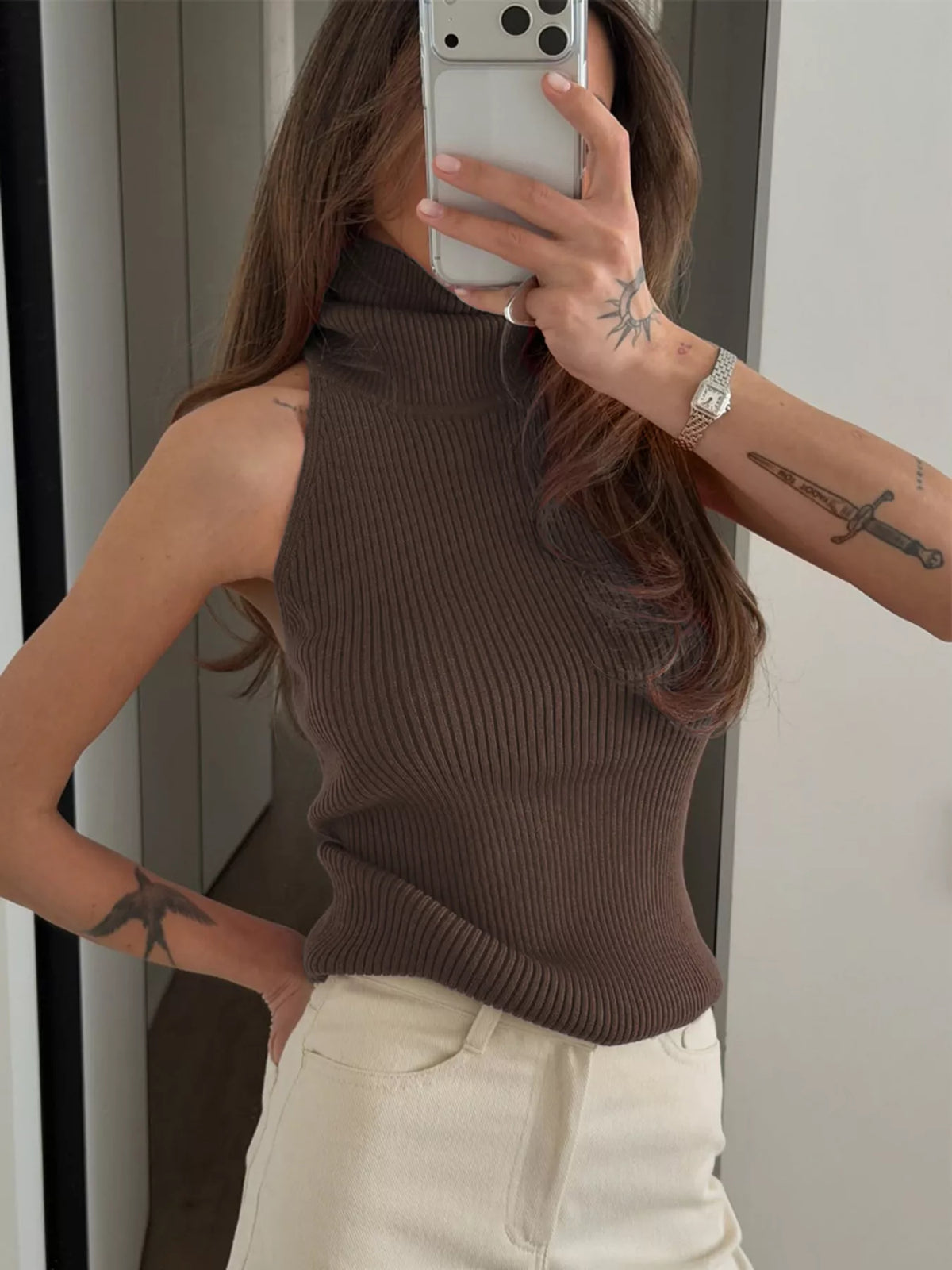Halter Neck Sweater Tank - Coffee Brown - View 1