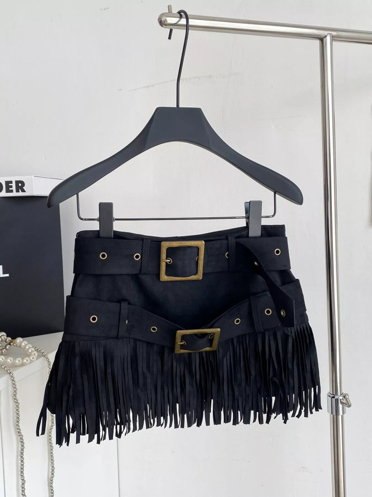Fringe Belted Mini Skirt - Black - View 11