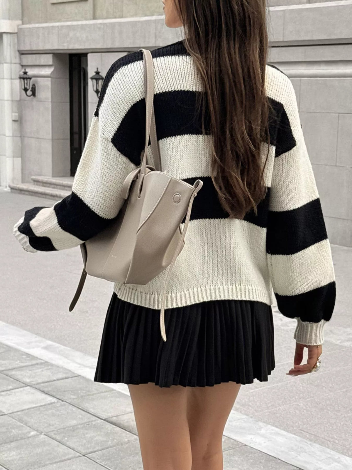 Striped Tie-Front Knit Cardigan - Black - View 5