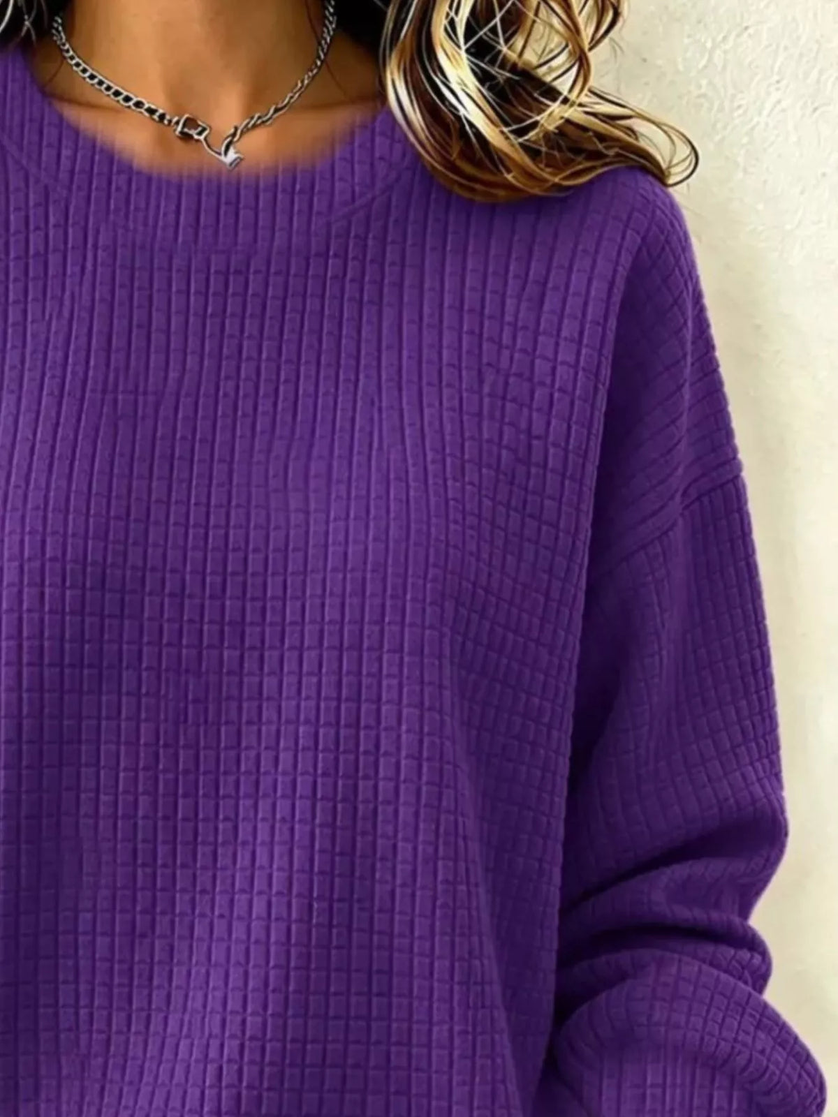Full Size Waffle Knit Long Sleeve Crew Neck Sweatshirt Plus Size - Purple - View 2