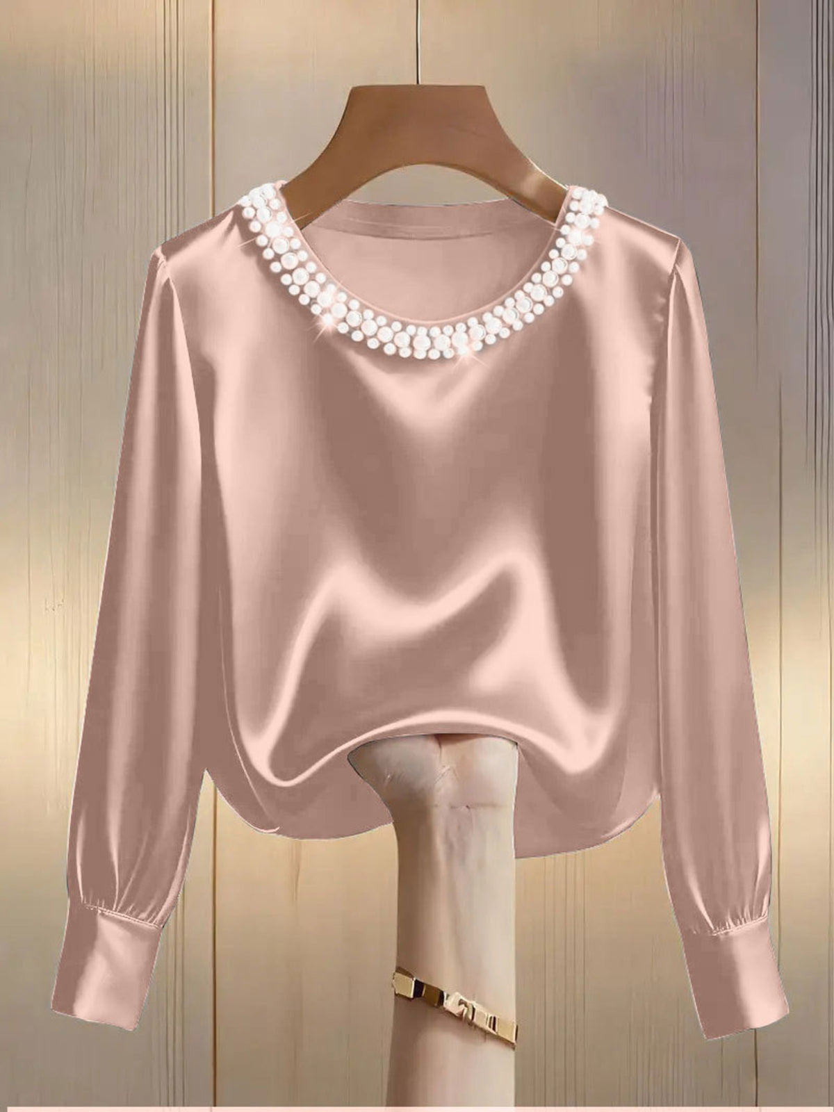 Pearl Trim Round Neck Satin Blouse - Eggshell - View 7