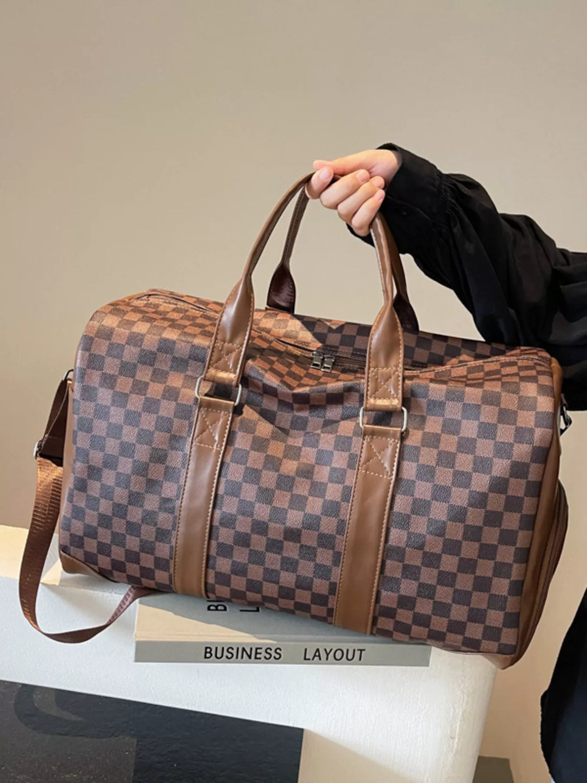 Checkered Pattern Travel Bag - Brown - View 2