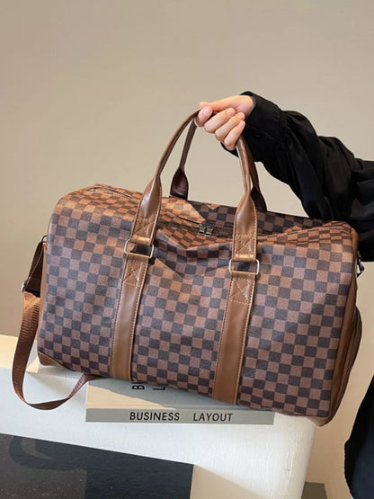 Checkered Pattern Travel Bag - Brown - View 2